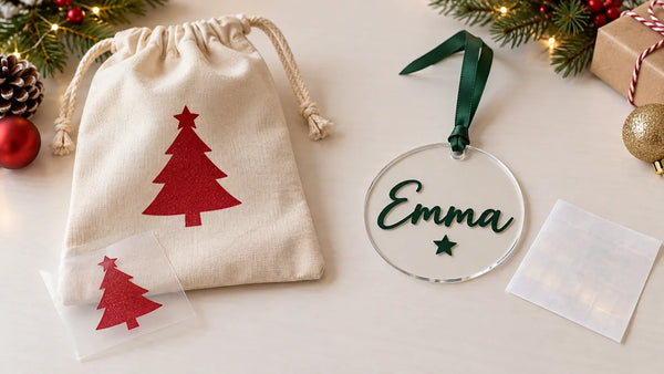 A cream fabric bag with a red tree and its carrier beside a flat name ornament with separate vinyl transfer tape.