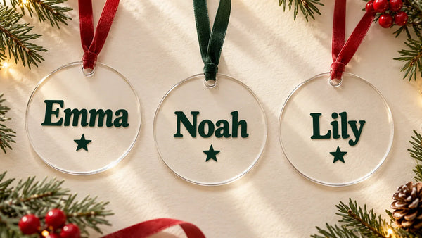 Three flat clear Christmas ornaments with green vinyl names Emma, Noah, and Lily, small stars, and ribbon loops.