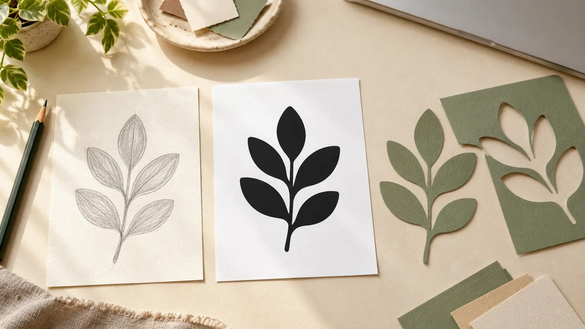 Illustrative craft workspace showing a botanical sketch, printed silhouette, and paper cutout.