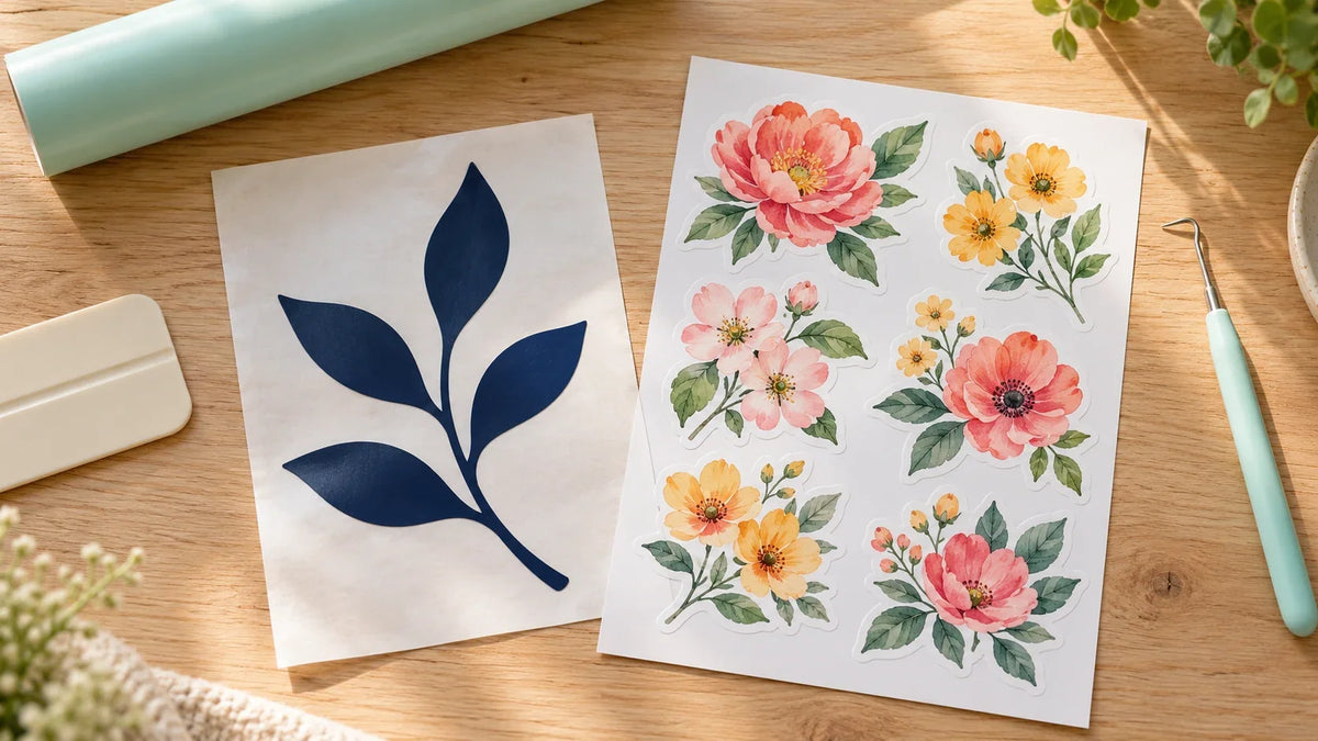 AI-generated illustration of a navy leaf vinyl decal beside a colorful floral sticker sheet and craft tools on a wooden desk.