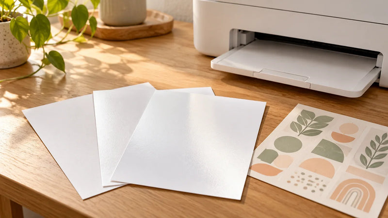 Blank white sheet samples and a muted geometric print beside a generic printer tray.