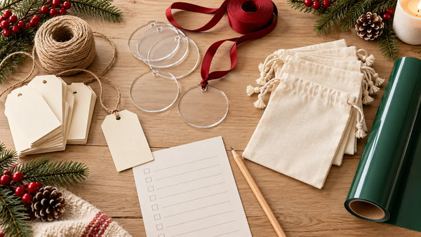 Christmas supply groups with blank gift tags and twine, flat ornament blanks and ribbon, and fabric gift bags beside a green material roll.