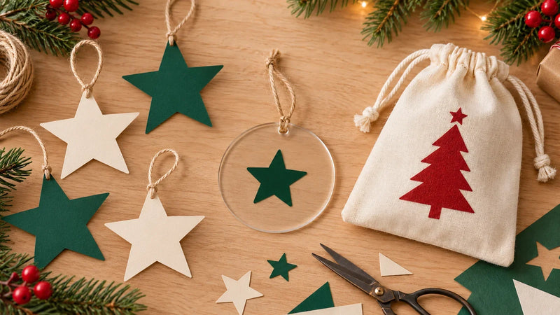 Flat cream and green cardstock stars, a clear star ornament, and a fabric gift bag with a red tree on a craft table.