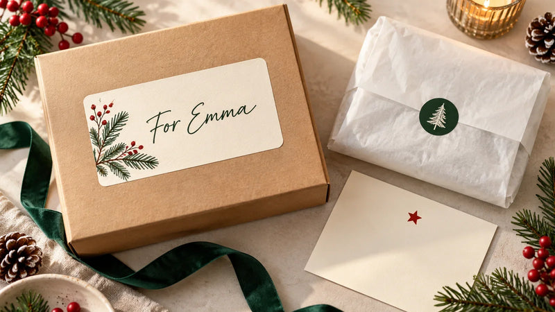 A kraft gift box labeled For Emma beside a tissue parcel with a small evergreen seal and a note card with a red star.