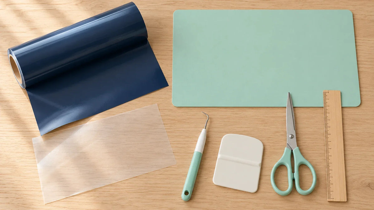 AI-generated illustration of a weeding hook, scraper, scissors, ruler, navy vinyl, transfer film, and a plain mint craft mat.
