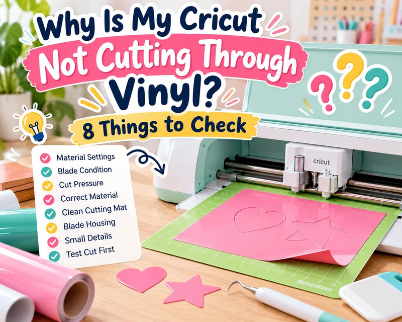 Cricut vinyl troubleshooting graphic with pink vinyl, heart and star shapes, and eight checks for cleaner cuts.