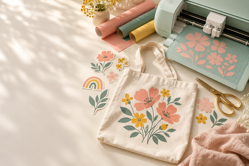A floral canvas tote, vinyl rolls, and paper flowers beside a desktop cutting machine.