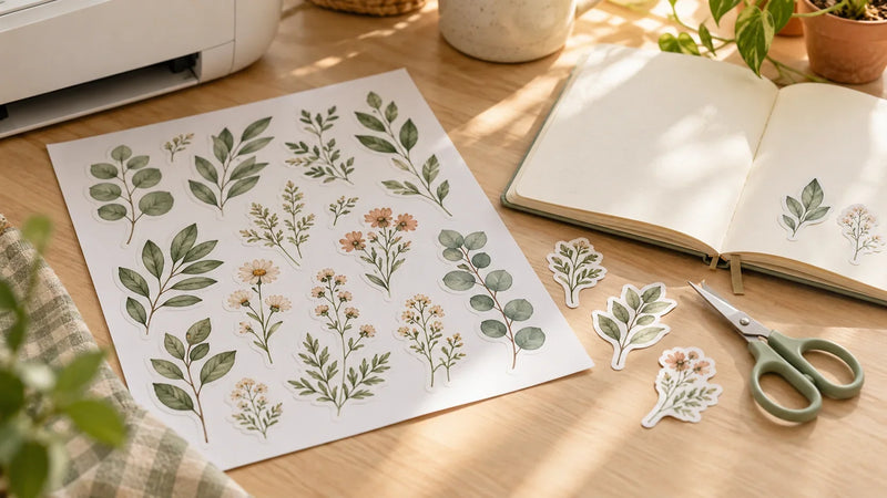 Botanical sticker sheet, cut-out leaves, scissors and an open journal on a sunlit craft desk.