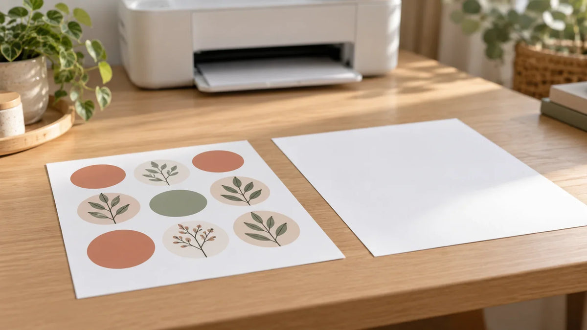 Printed botanical circles and a blank sheet resting separately on a desk near an unbranded printer.
