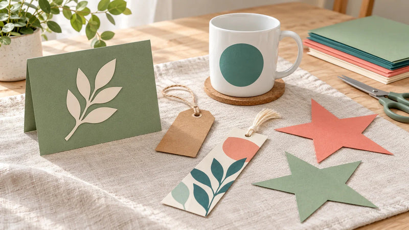Illustrative beginner craft ideas with a handmade card, gift tag, bookmark, paper stars, and decorated mug.