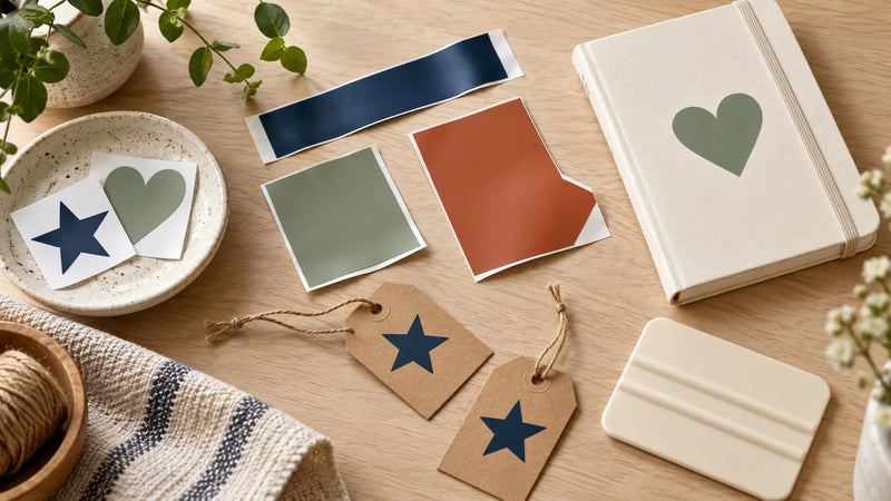 AI-generated illustration of small adhesive-vinyl scraps beside star-decorated gift tags and a heart-decorated notebook.