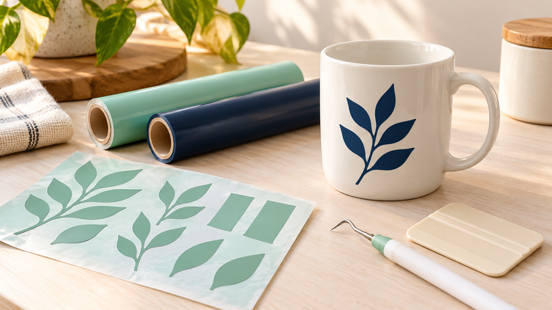 AI-generated illustration of a craft desk with a leaf-decorated mug, vinyl rolls, leaf cutouts, a weeding tool, and a scraper.