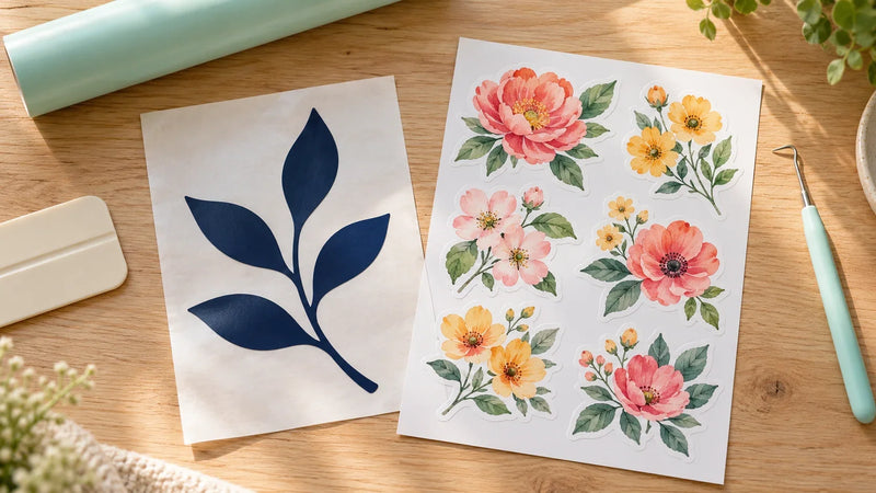 AI-generated illustration of a navy leaf vinyl decal beside a colorful floral sticker sheet and craft tools on a wooden desk.
