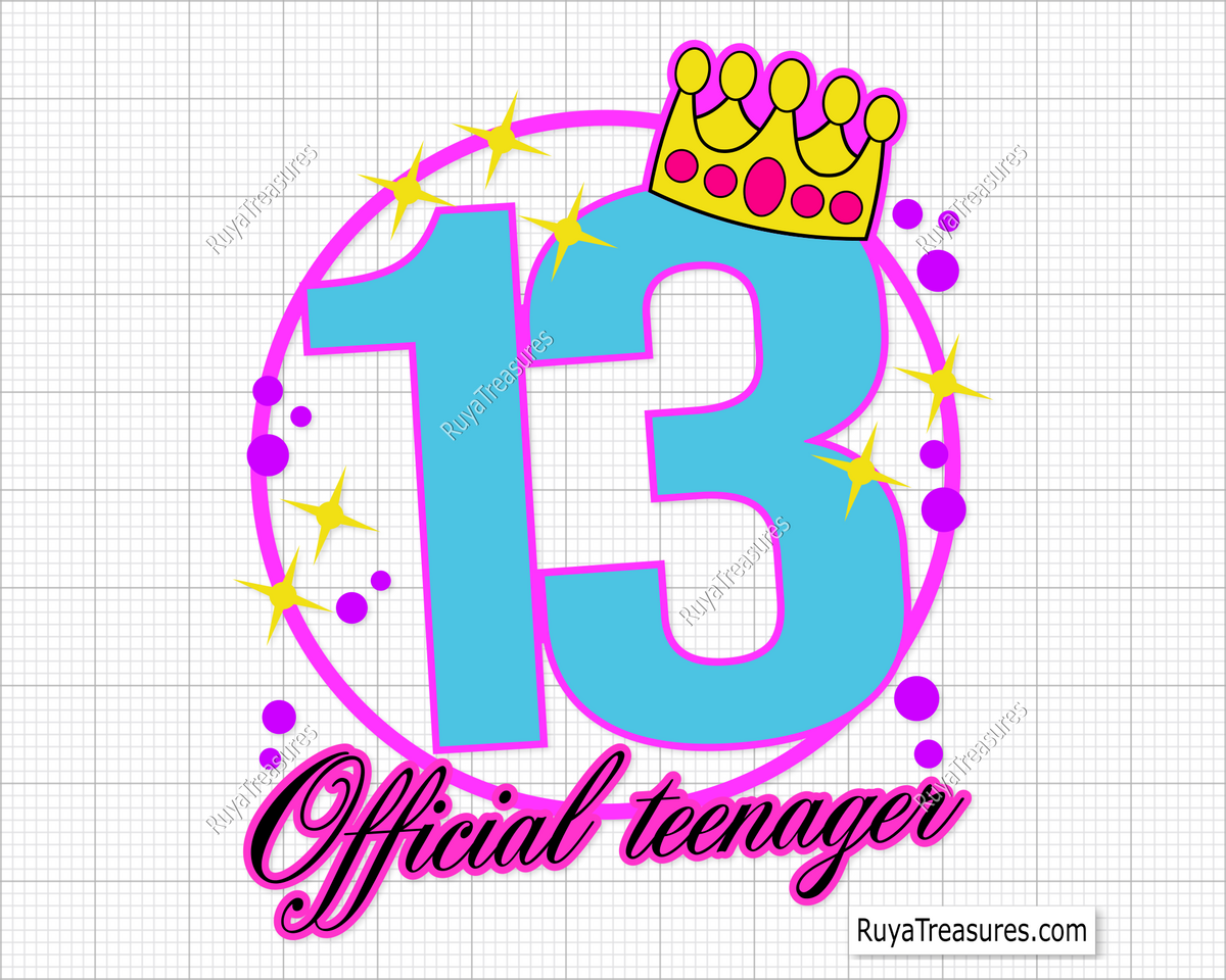 A Free SVG design digital illustration of a number 13 with the text 'OFFICIAL TEENAGER' and decorative elements in pink and blue colors.