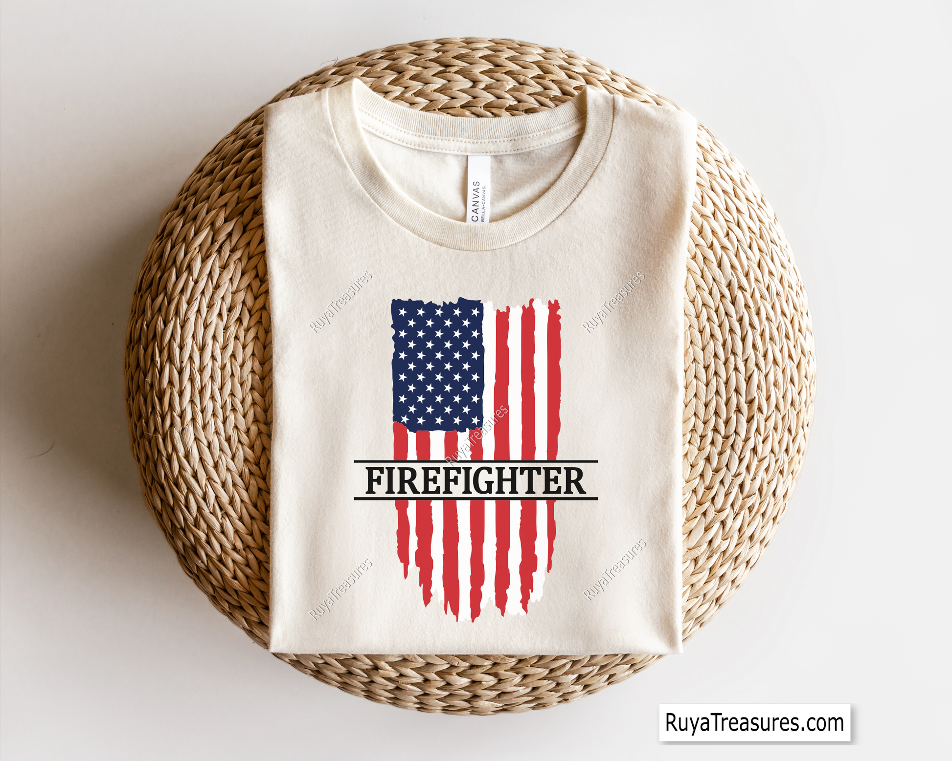 A digital design of an American flag with a distressed look, featuring the word 'FIREFIGHTER' across the center, intended for various crafting projects.