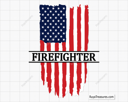 A digital design of an American flag with a distressed look, featuring the word 'FIREFIGHTER' across the center, intended for various crafting projects.