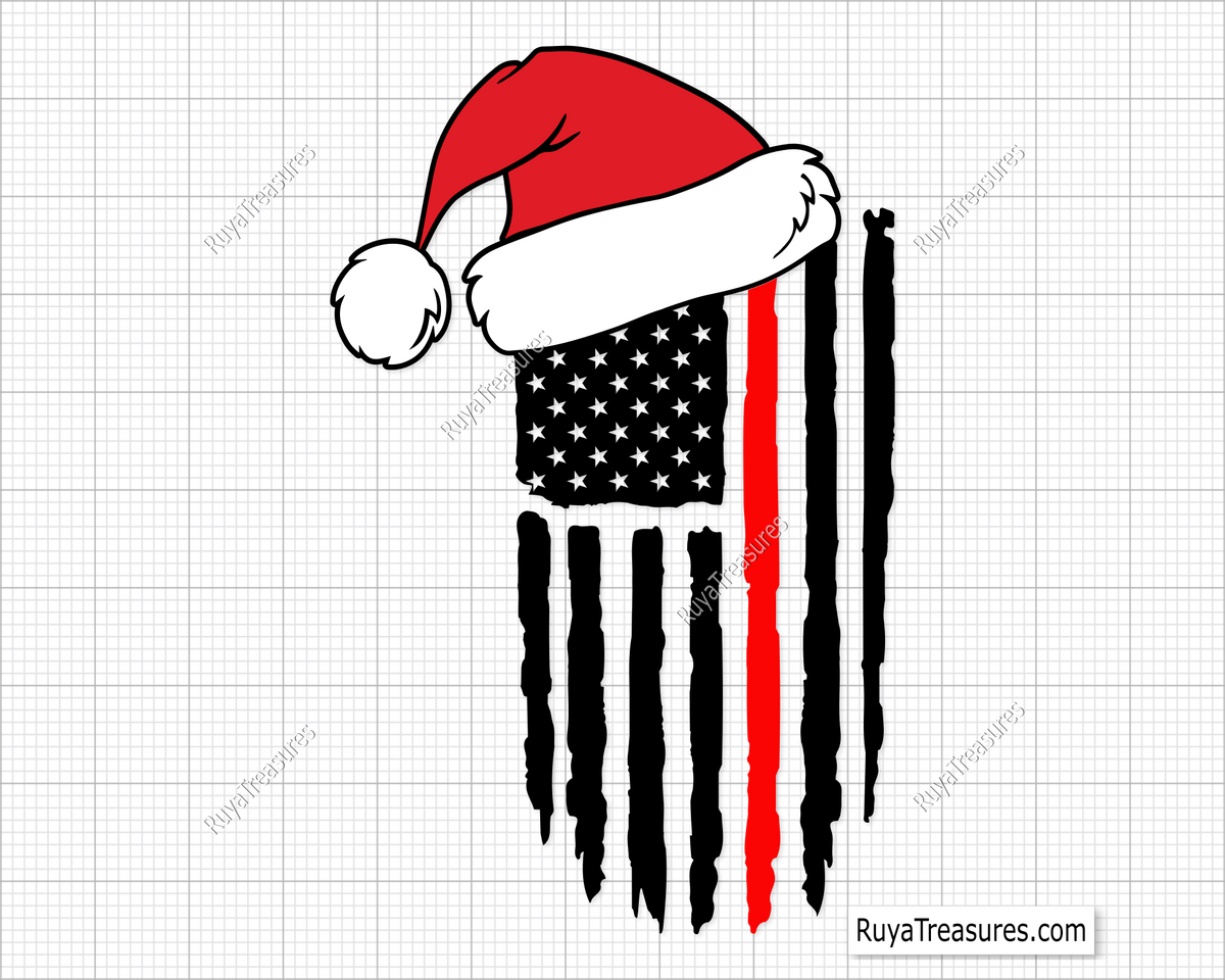 A graphic design of a Santa hat with the American flag motif, featuring a red and white striped pattern with a solid black stripe and a red line representing the flag, suitable for Christmas-themed projects.
