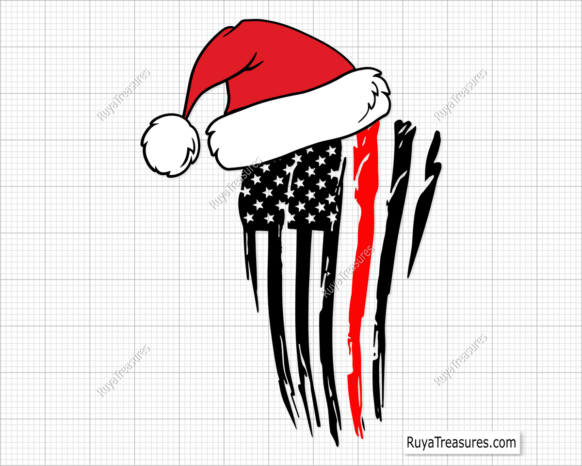 A digital design of an American flag with a Santa hat on top, stylized in a black and white color scheme with a red stripe, suitable for Christmas crafting projects.