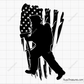 Firefighter silhouette walking with gear over distressed USA flag design in black and red for apparel decals and patriotic projects