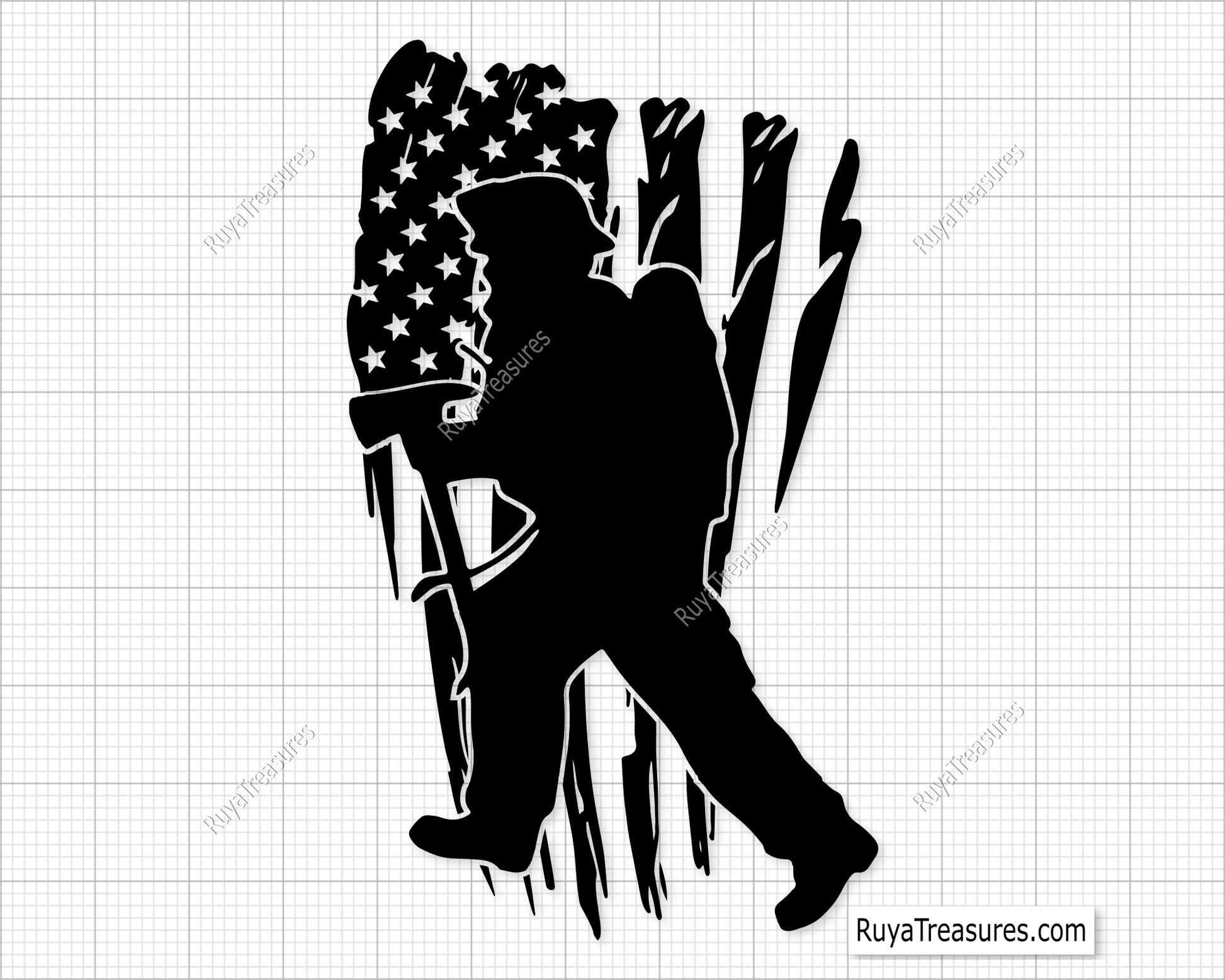 Firefighter silhouette walking with gear over distressed USA flag design in black and red for apparel decals and patriotic projects