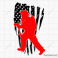Firefighter silhouette walking with gear over distressed USA flag design in black and red for apparel decals and patriotic projects