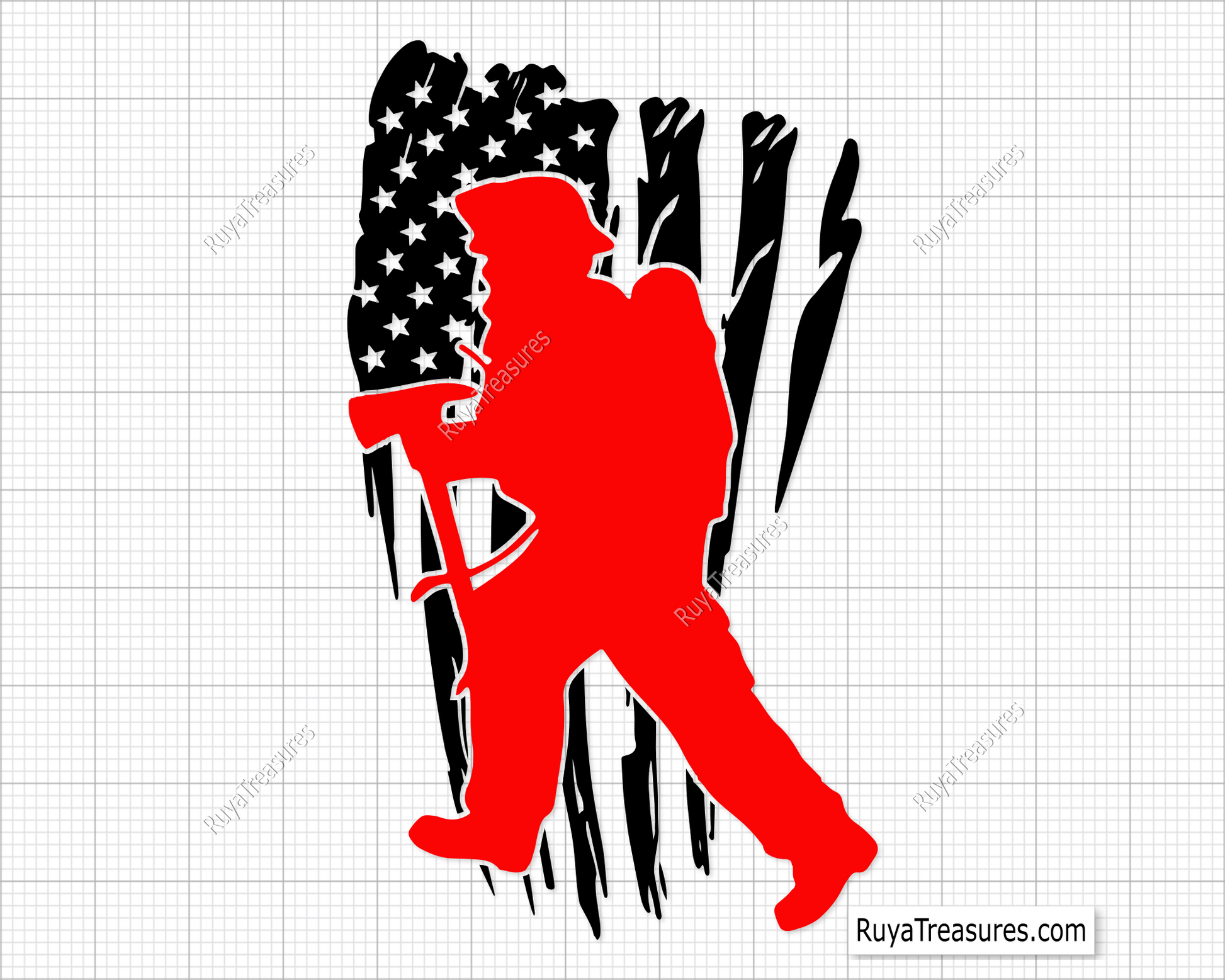 Firefighter silhouette walking with gear over distressed USA flag design in black and red for apparel decals and patriotic projects