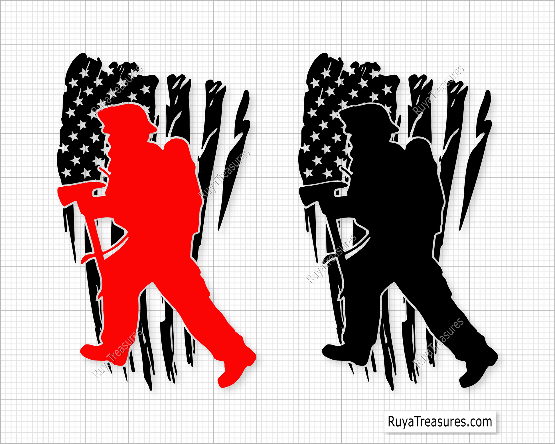 Firefighter silhouette walking with gear over distressed USA flag design in black and red for apparel decals and patriotic projects