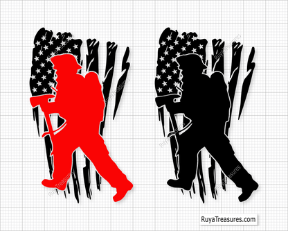 Firefighter silhouette walking with gear over distressed USA flag design in black and red for apparel decals and patriotic projects