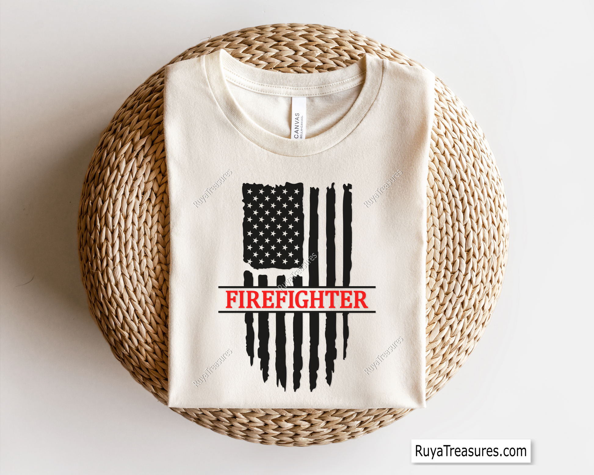 Firefighter text over black distressed USA flag design for decals apparel and patriotic firefighter projects