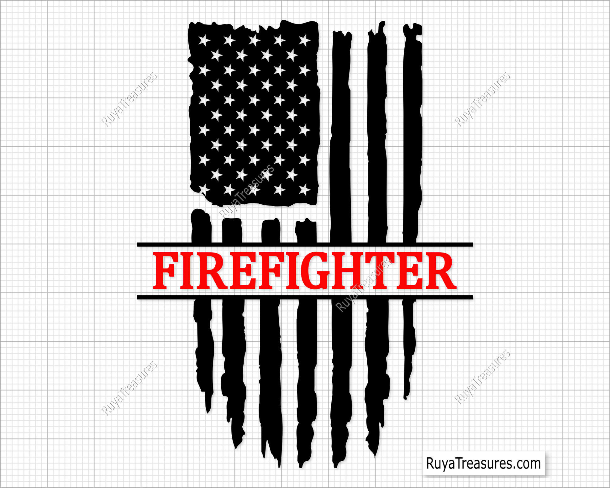 Firefighter text over black distressed USA flag design for decals apparel and patriotic firefighter projects