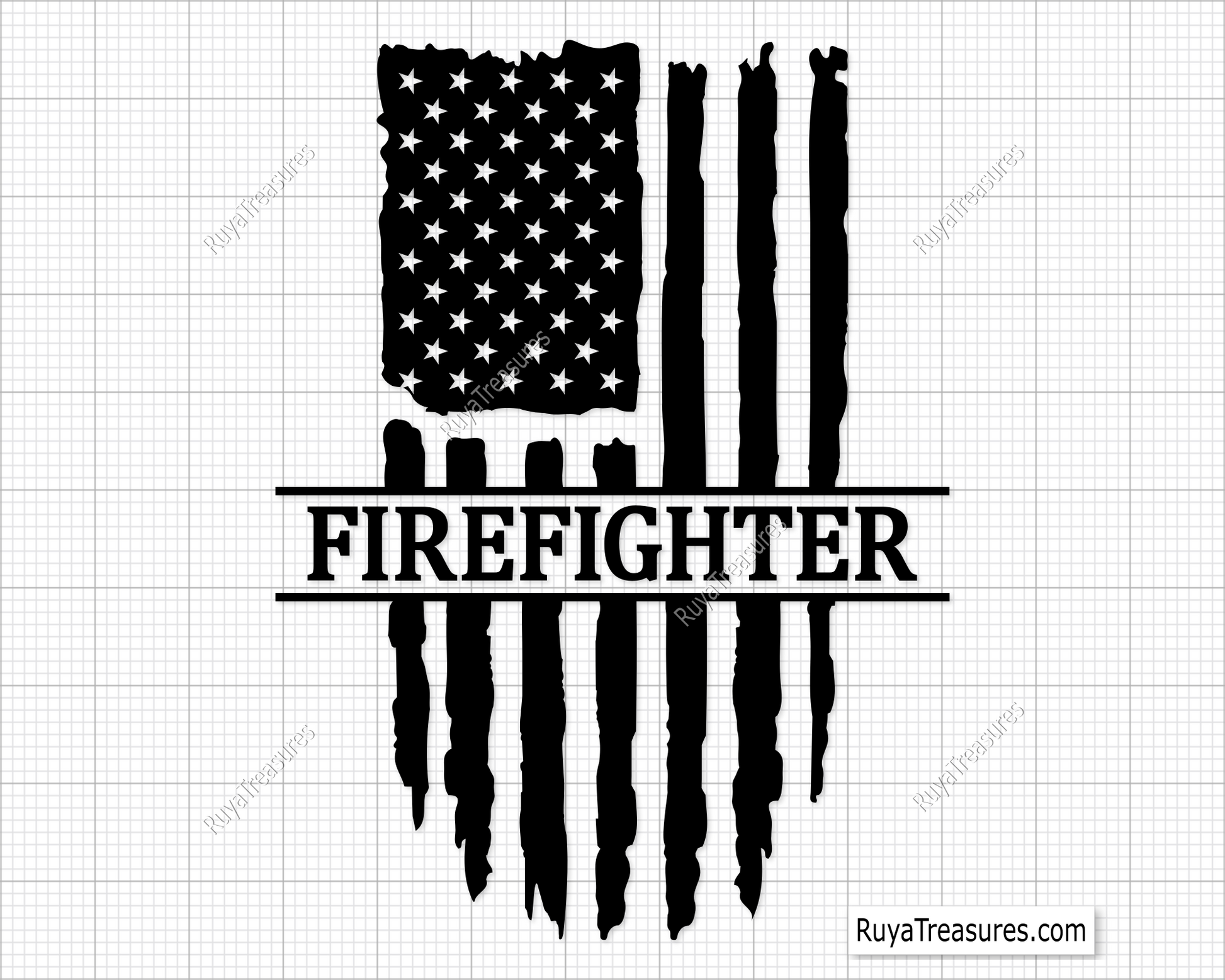 Firefighter text over black distressed USA flag design for decals apparel and patriotic firefighter projects