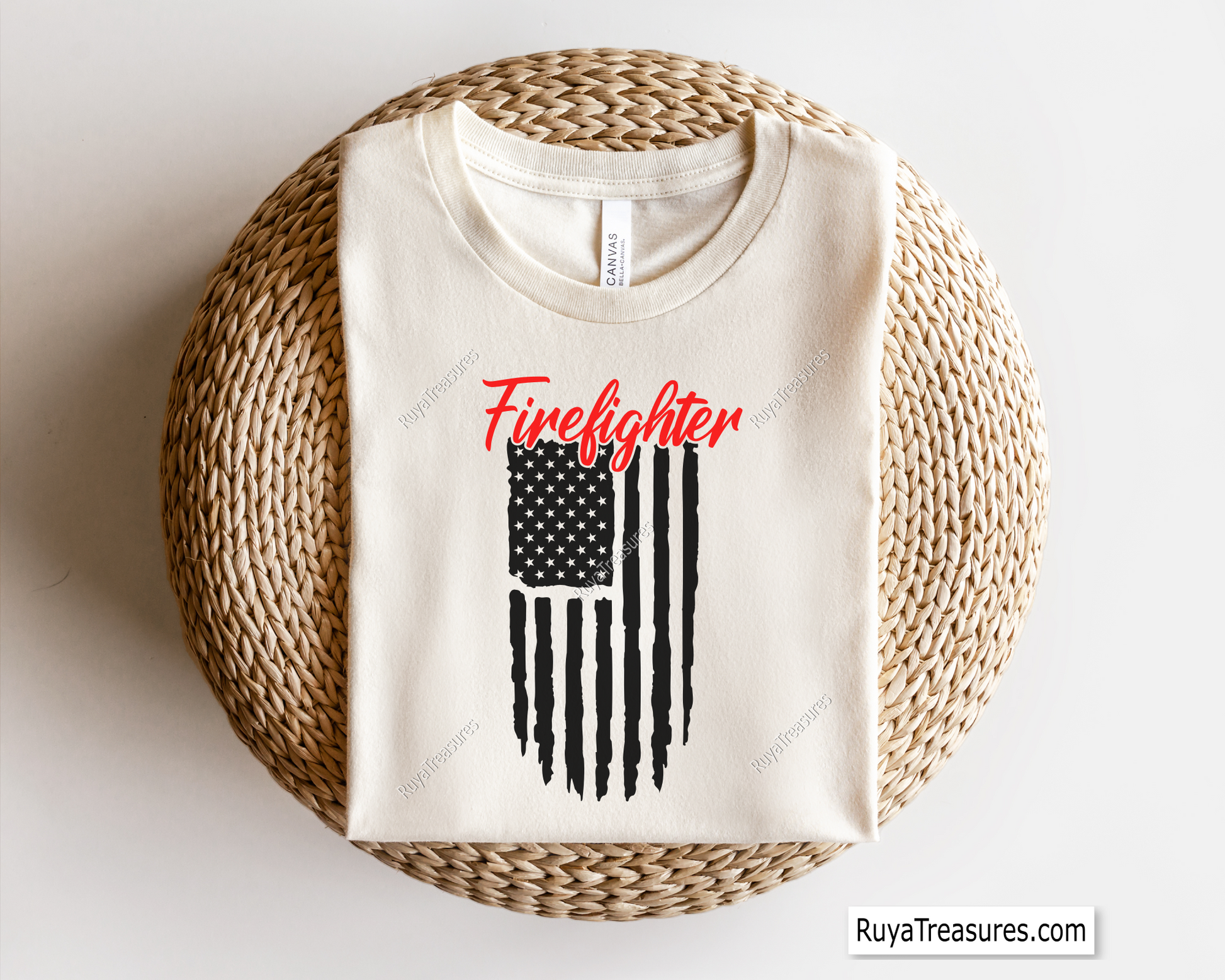 Firefighter cursive script text over distressed USA flag design in black and red for apparel decals and patriotic firefighter projects