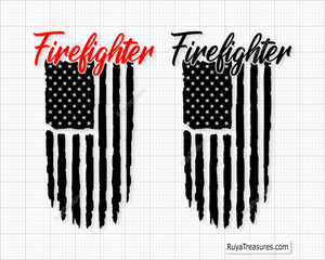 Firefighter cursive script text over distressed USA flag design in black and red for apparel decals and patriotic firefighter projects