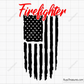 Firefighter cursive script text over distressed USA flag design in black and red for apparel decals and patriotic firefighter projects