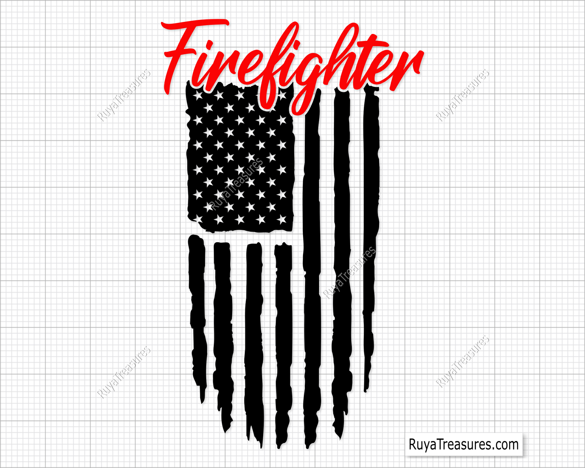 Firefighter cursive script text over distressed USA flag design in black and red for apparel decals and patriotic firefighter projects