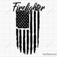 Firefighter cursive script text over distressed USA flag design in black and red for apparel decals and patriotic firefighter projects