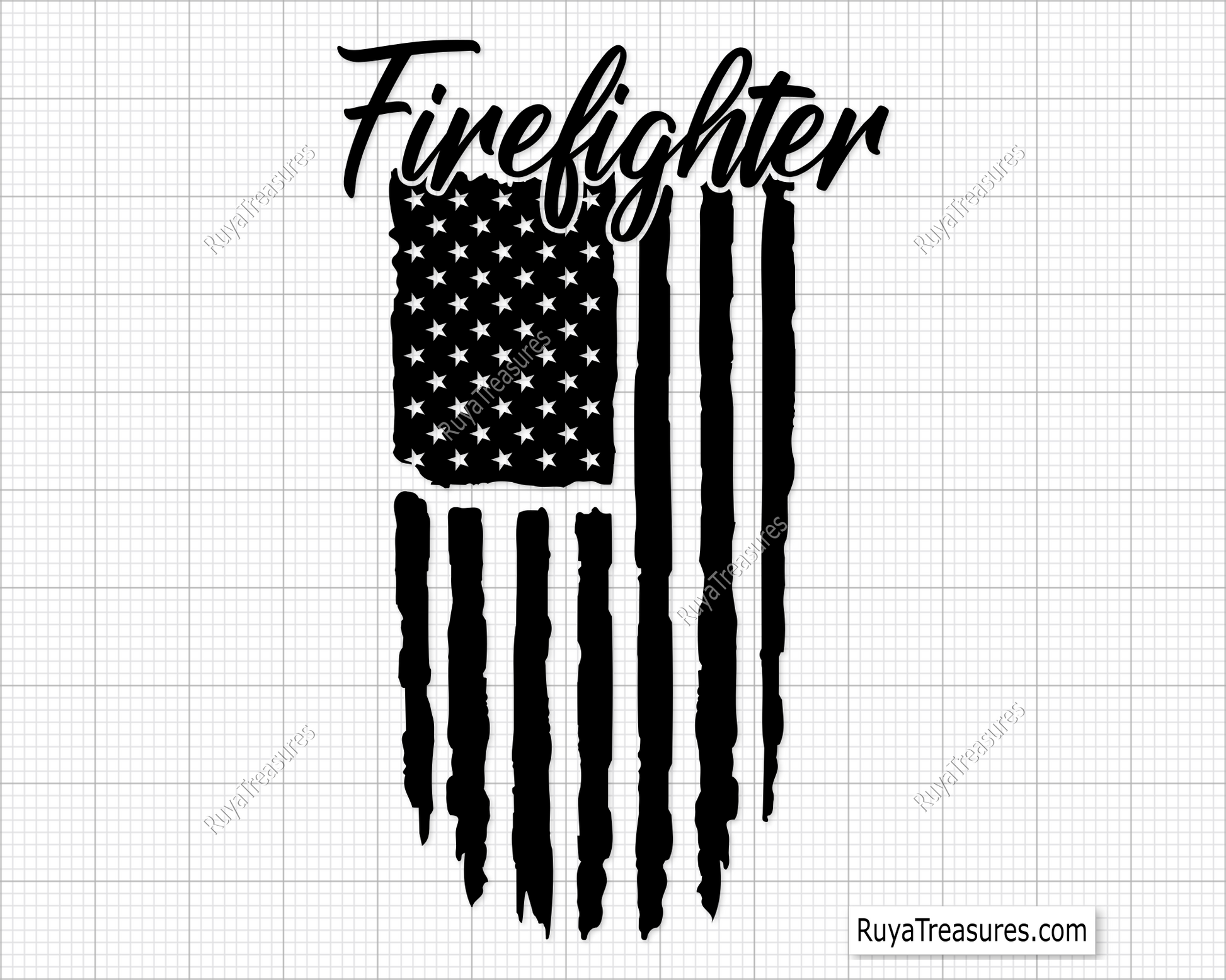 Firefighter cursive script text over distressed USA flag design in black and red for apparel decals and patriotic firefighter projects