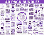 Alzheimers awareness bundle SVG PNG featuring purple ribbon designs, brain illustrations and support quotes for shirts decals and awareness campaigns