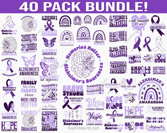 Alzheimers awareness bundle SVG PNG featuring purple ribbon designs, brain illustrations and support quotes for shirts decals and awareness campaigns