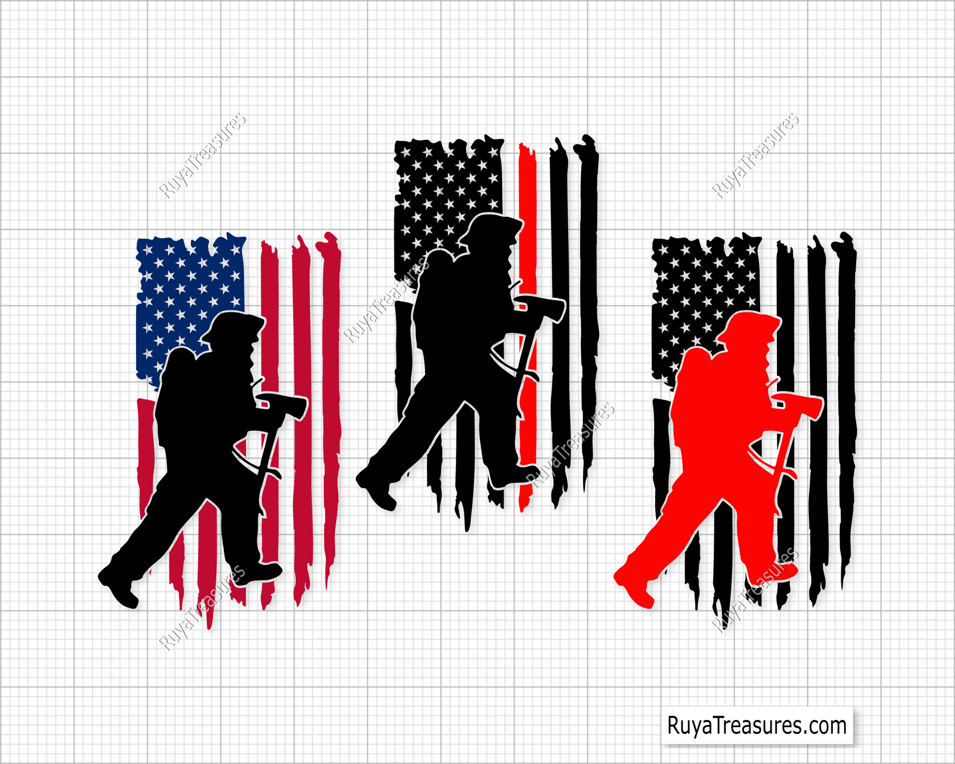 Digital design of American flag with distressed stripes and silhouette images of firefighters.