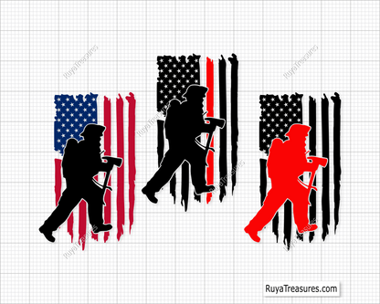 Digital design of American flag with distressed stripes and silhouette images of firefighters.