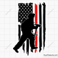 Digital design of American flag with distressed stripes and silhouette images of firefighters.