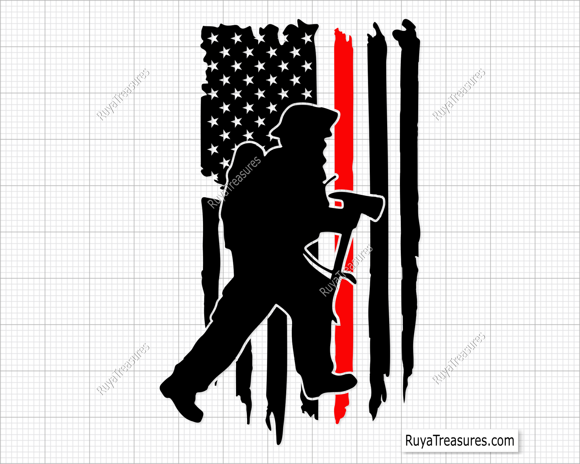 Digital design of American flag with distressed stripes and silhouette images of firefighters.