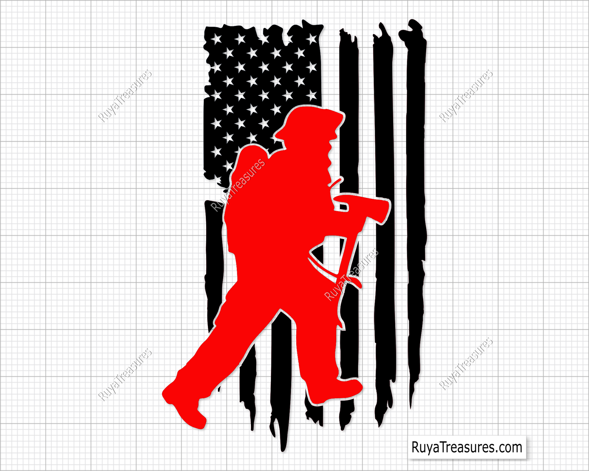 Digital design of American flag with distressed stripes and silhouette images of firefighters.