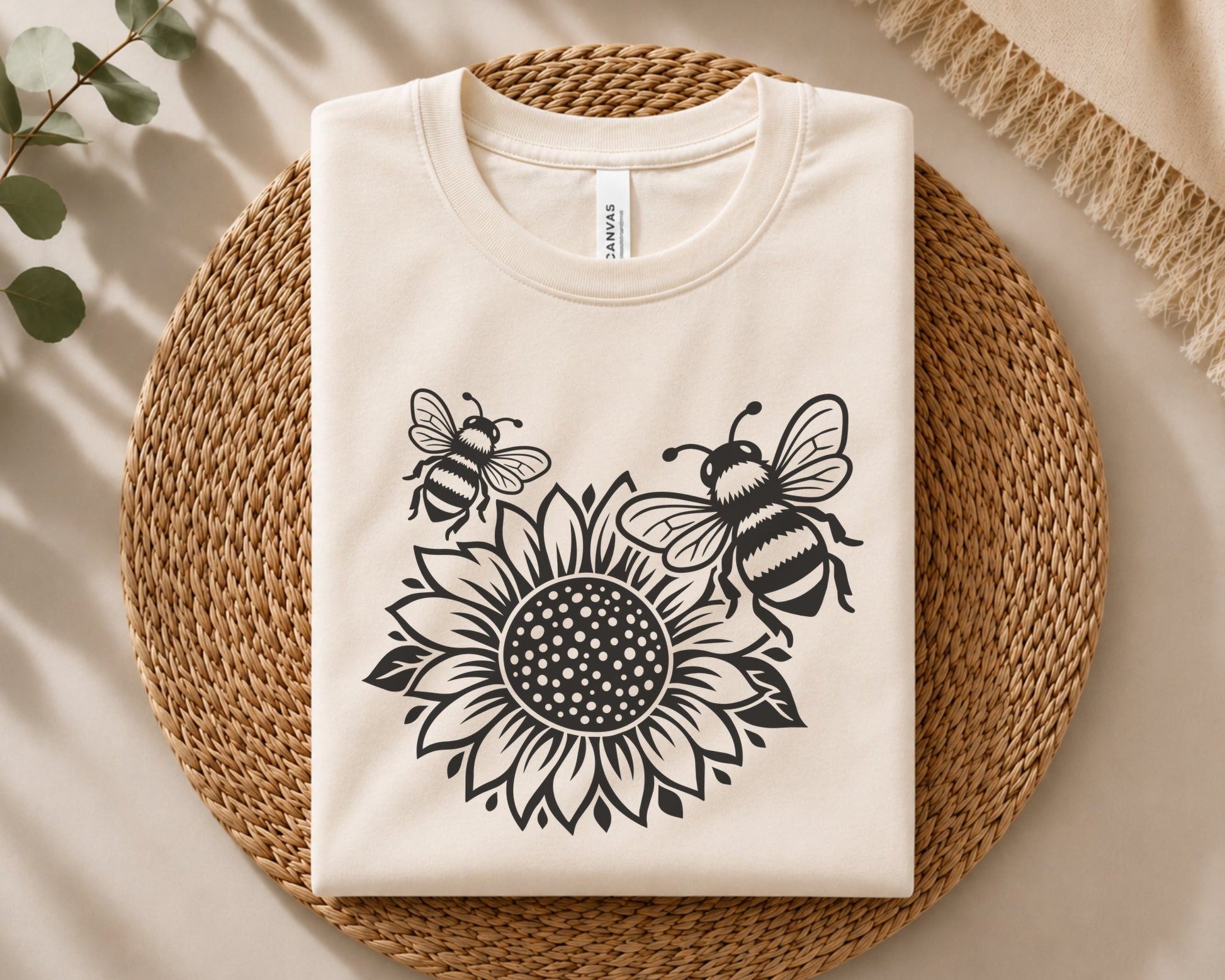Cute sunflower artwork featuring two striped honey bees, layered flower petals and clean black line art for cutting and craft projects.