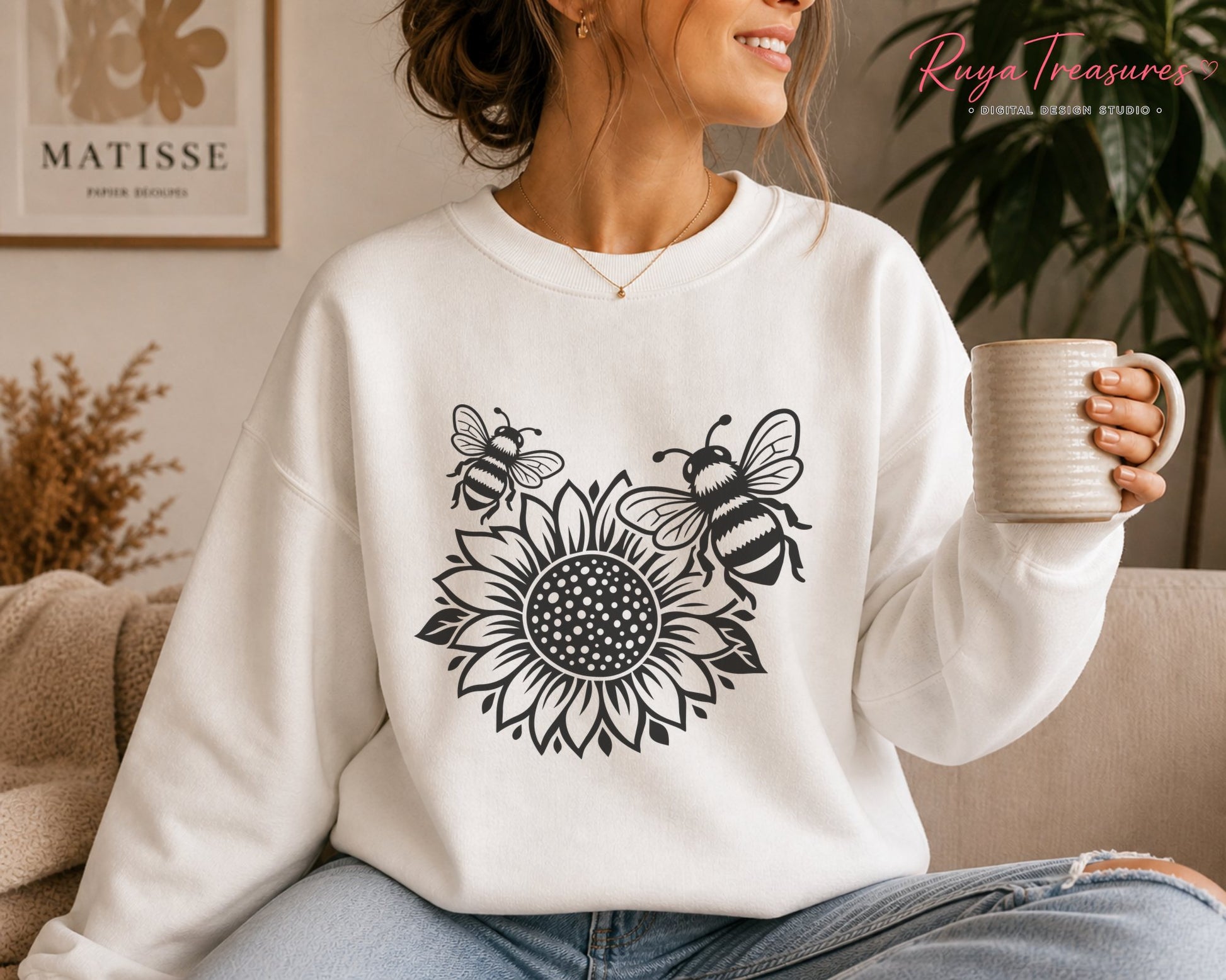 Cute sunflower artwork featuring two striped honey bees, layered flower petals and clean black line art for cutting and craft projects.