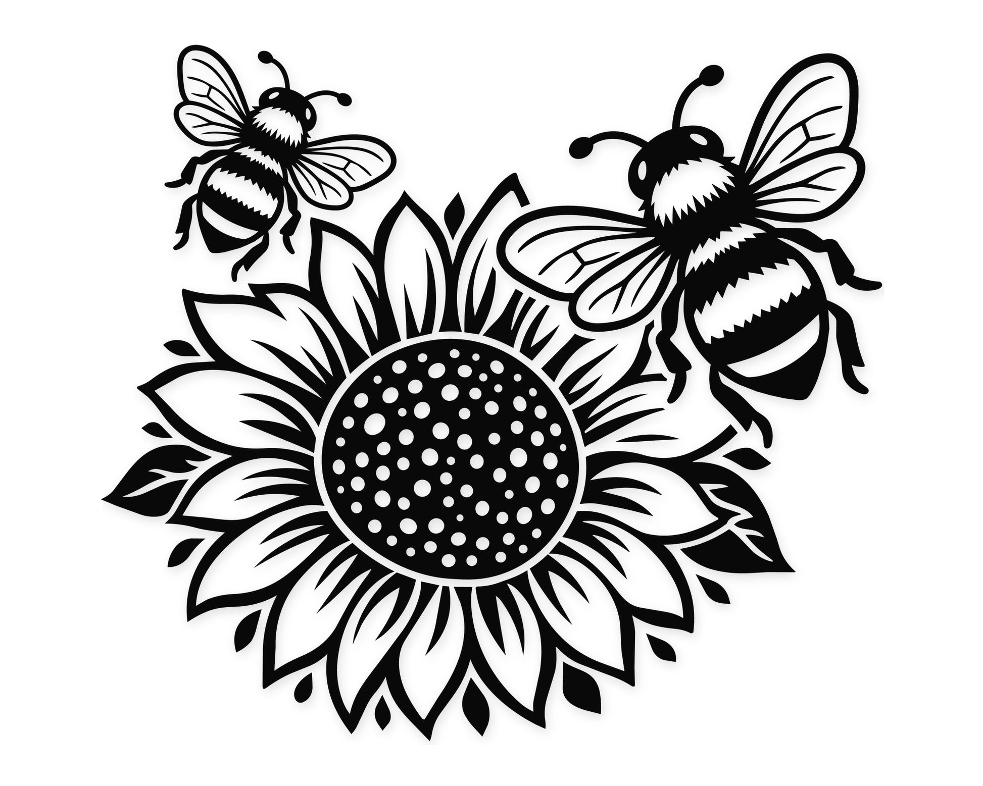 Cute sunflower artwork featuring two striped honey bees, layered flower petals and clean black line art for cutting and craft projects.