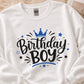 Birthday Boy SVG and PNG shown on a white shirt and sweatshirt, perfect for boys birthday apparel, party outfits and DIY gifts.