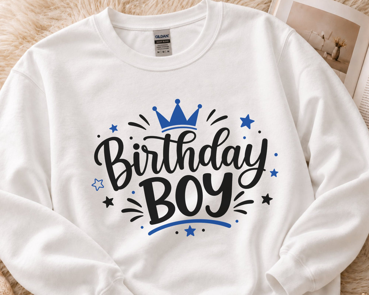 Birthday Boy SVG and PNG shown on a white shirt and sweatshirt, perfect for boys birthday apparel, party outfits and DIY gifts.