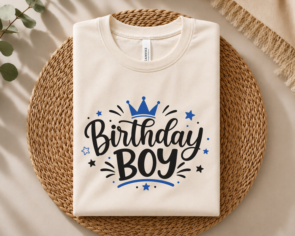 Birthday Boy SVG and PNG shown on a white shirt and sweatshirt, perfect for boys birthday apparel, party outfits and DIY gifts.